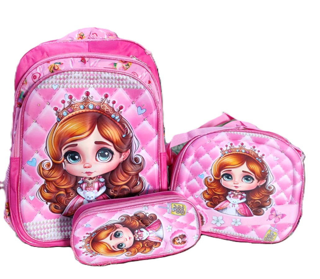 Combo de mochila escolar con luz led con lonchera y lapicera para niña.