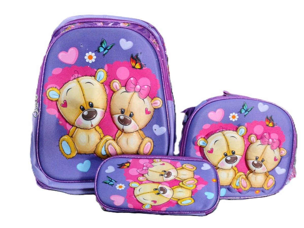 Combo de mochila escolar con luz led con lonchera y lapicera para niña.