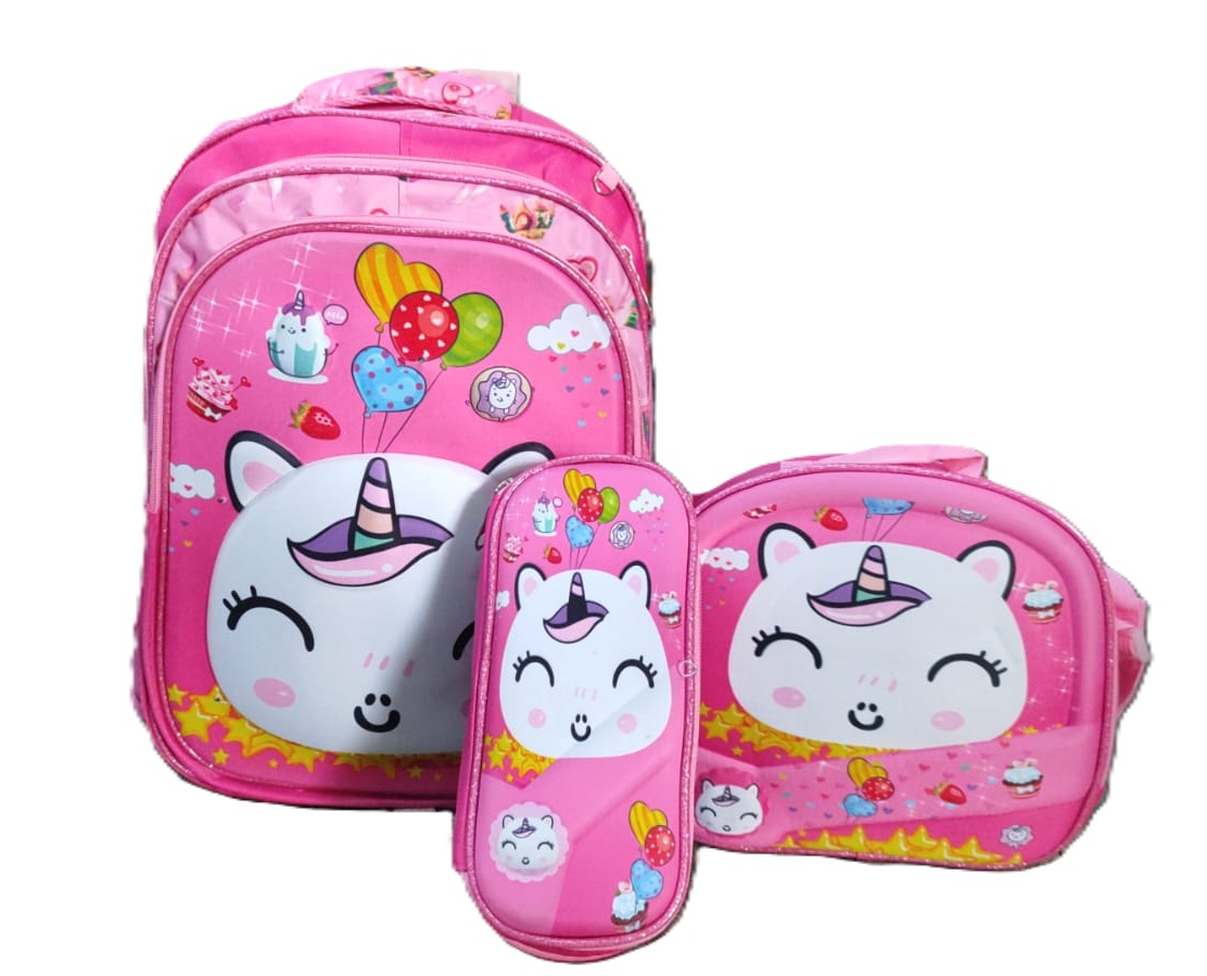 Combo de mochila escolar con luz led con lonchera y lapicera para niña.