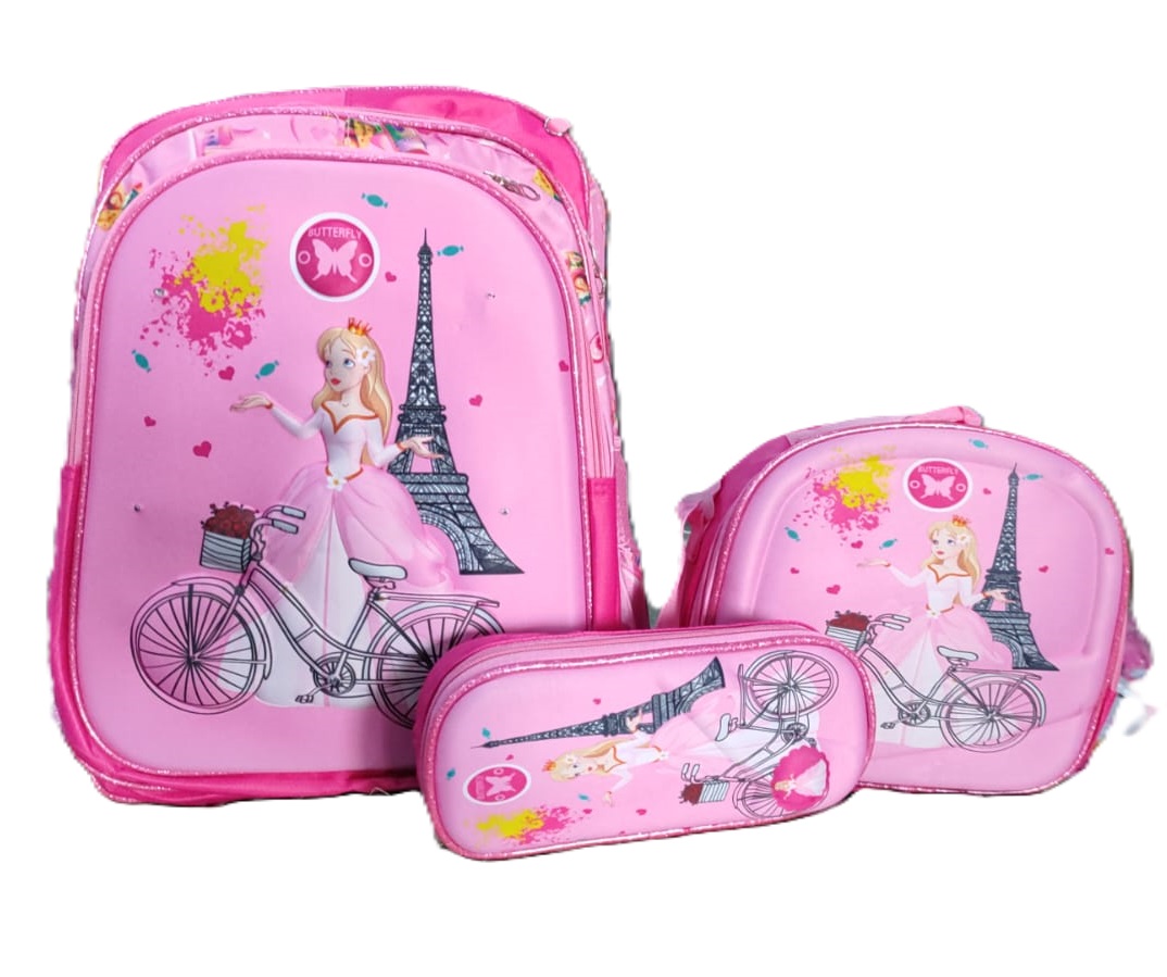 Combo de mochila escolar con luz led con lonchera y lapicera para niña.