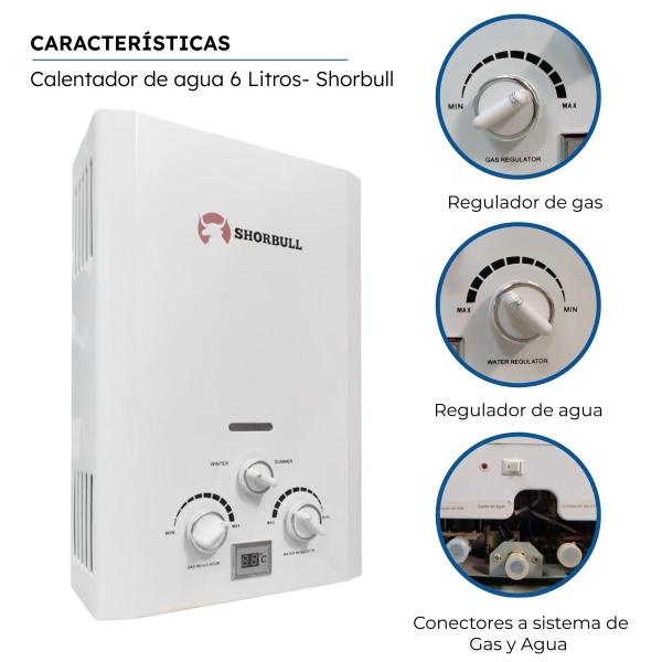 Calentador Paso SHORBULL Instantáneo Agua Ahorrador Gas 6L.