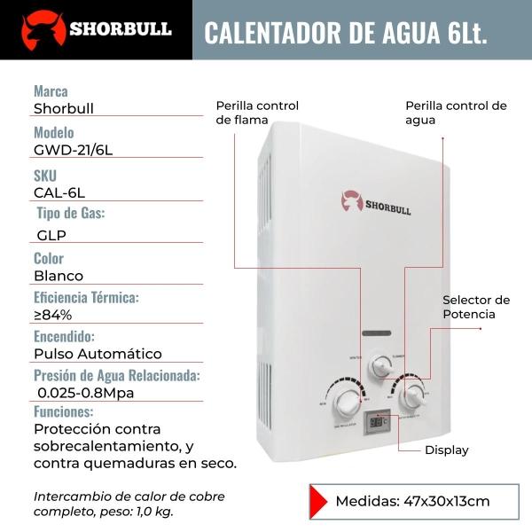 Calentador Paso SHORBULL Instantáneo Agua Ahorrador Gas 6L.