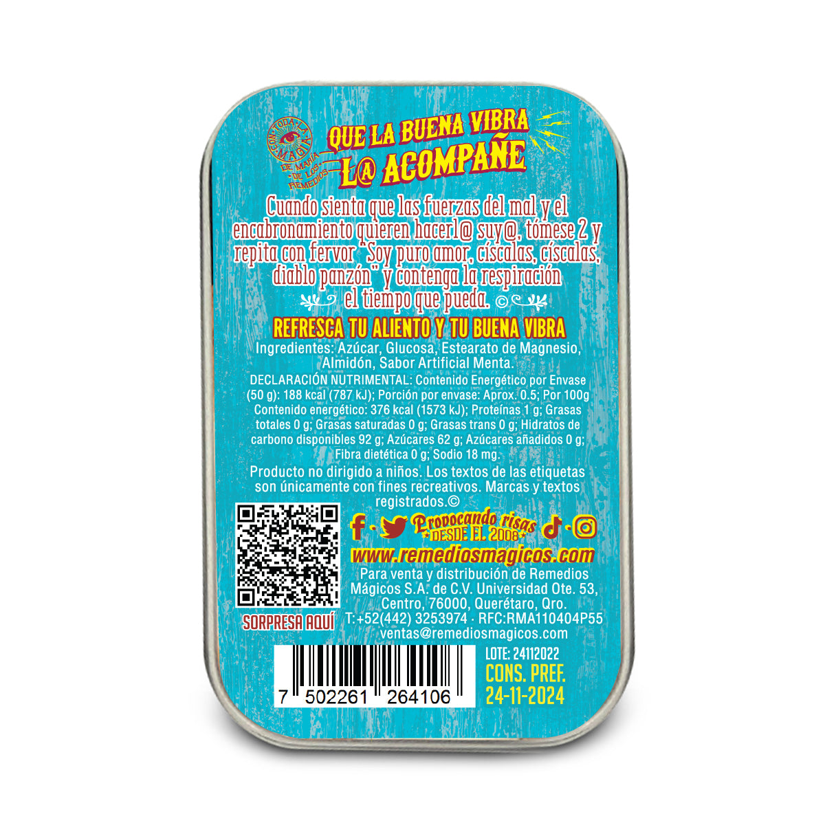 Pastillero de lata con Mentas BUENA VIBRA Remedios Mágicos.