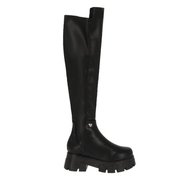 Bota Maxi Larga Suela Track Lycra Piel Sintético Para Mujer Color Negro