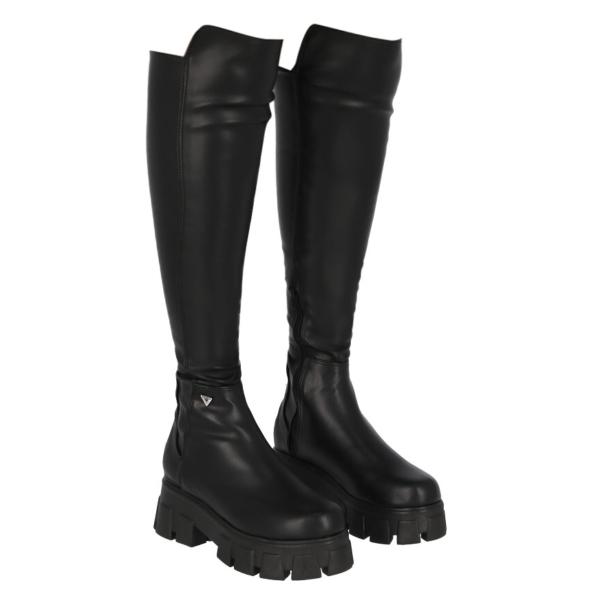 Bota Maxi Larga Suela Track Lycra Piel Sintético Para Mujer Color Negro