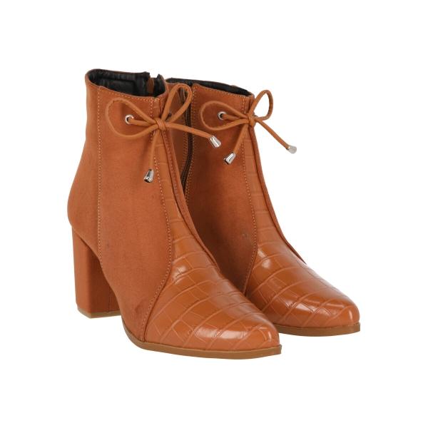 Botín Puntal De Tacón Charol Drillo Micro Suede Camel Para Mujer