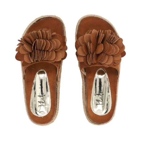 Sandalia Plataforma Yute Para Mujer Camel Con Flor