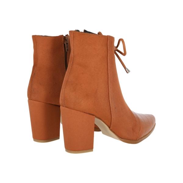 Botín Puntal De Tacón Charol Drillo Micro Suede Camel Para Mujer