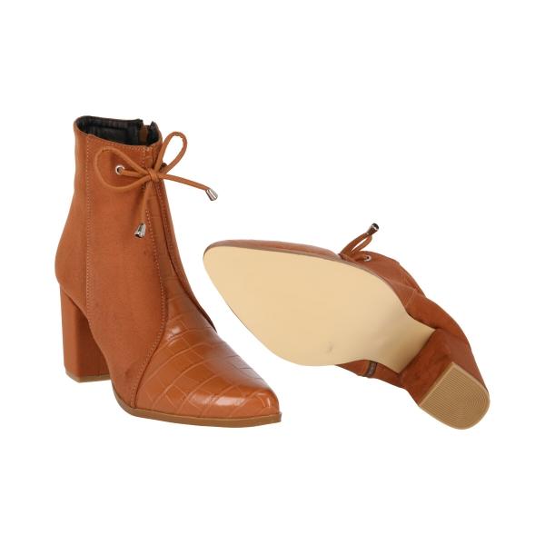 Botín Puntal De Tacón Charol Drillo Micro Suede Camel Para Mujer