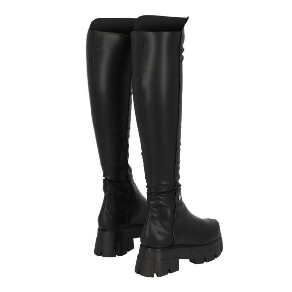 Bota Maxi Larga Suela Track Lycra Piel Sintético Para Mujer Color Negro