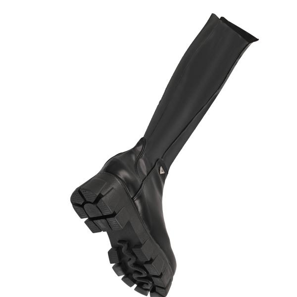 Bota Maxi Larga Suela Track Lycra Piel Sintético Para Mujer Color Negro