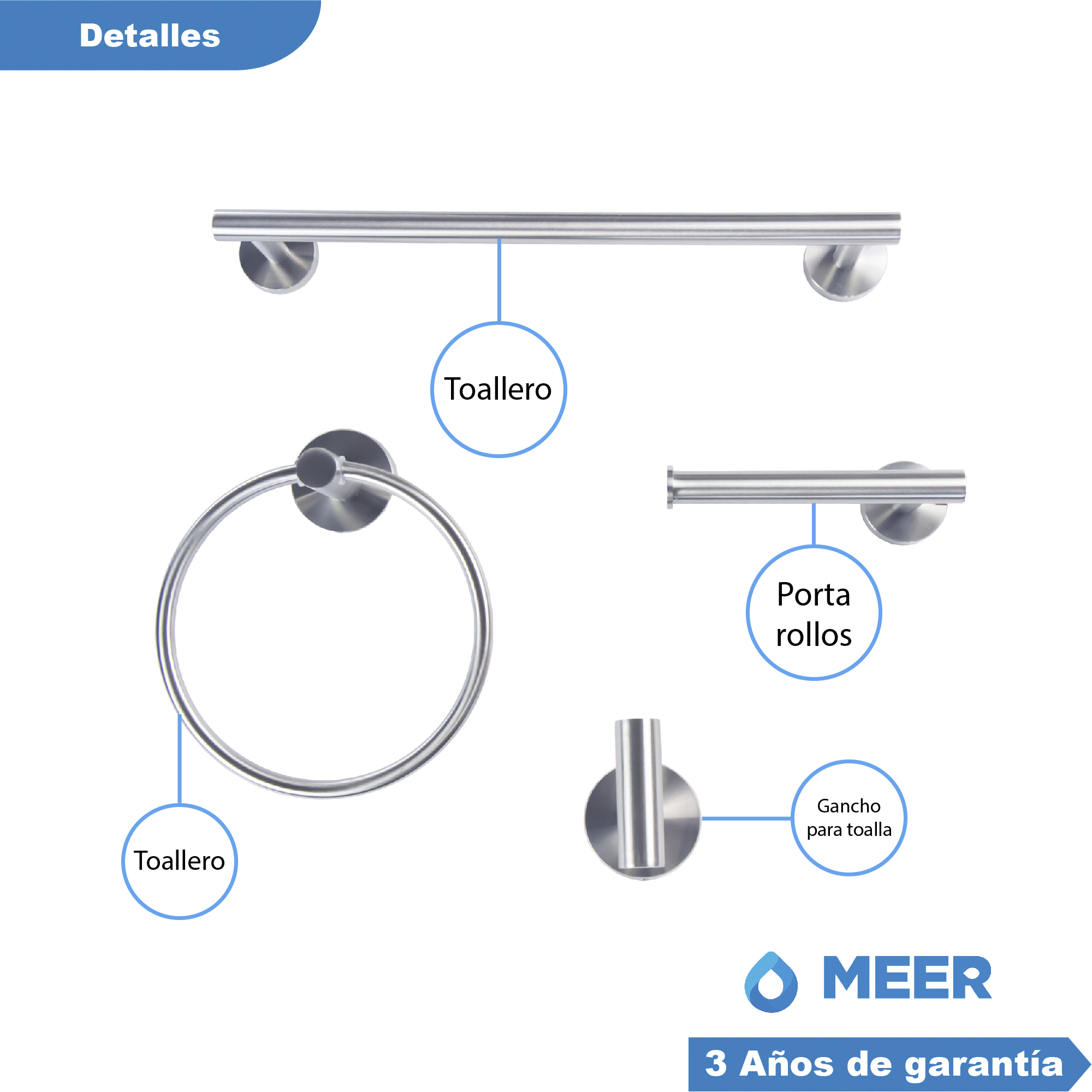 Meer - Set De 4 Accesorios Baño De Acero Inoxidable Satinado