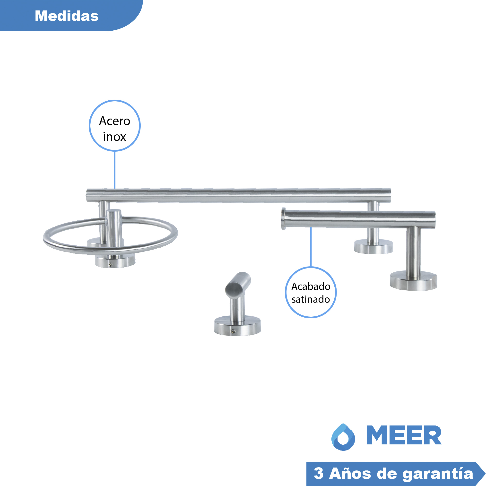 Meer - Set De 4 Accesorios Baño De Acero Inoxidable Satinado
