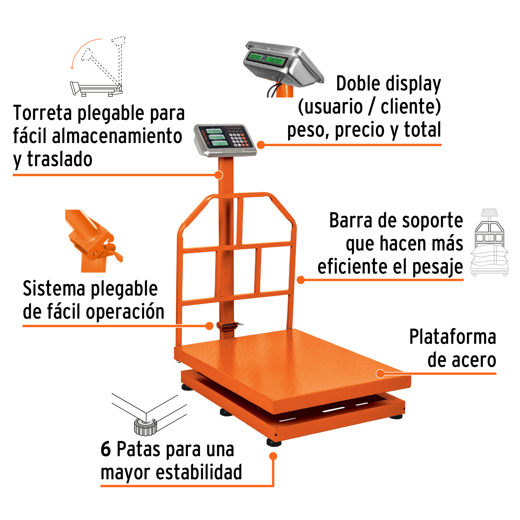 Báscula electrónica de plataforma Truper plegable 500 kg BAS500PLA naranja