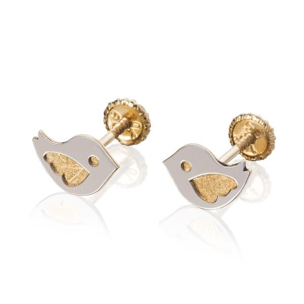 Aretes de oro 14K Mujer broquel Pájaros con oro amarillo, oro blanco y circonias | GIALLO