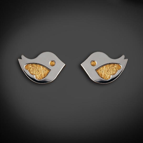 Aretes de oro 14K Mujer broquel Pájaros con oro amarillo, oro blanco y circonias | GIALLO