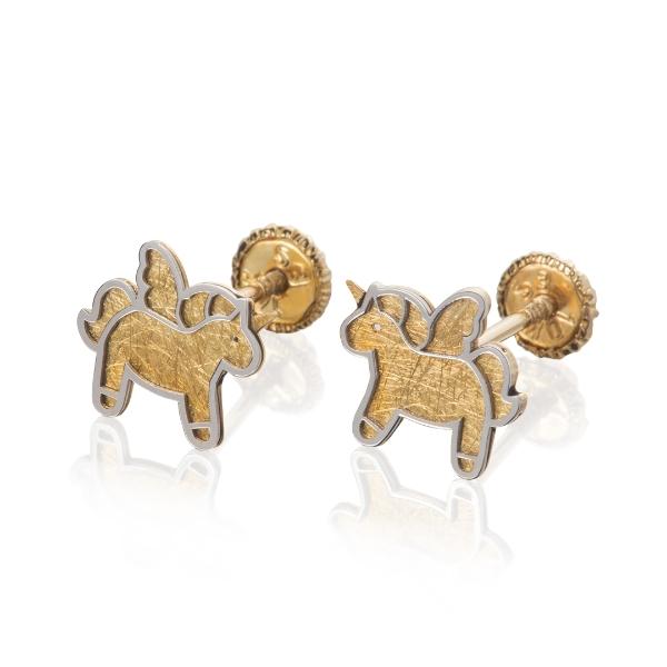 Aretes de oro 14K broquel Unicornios marca GIALLO jewelry joyería mexicana