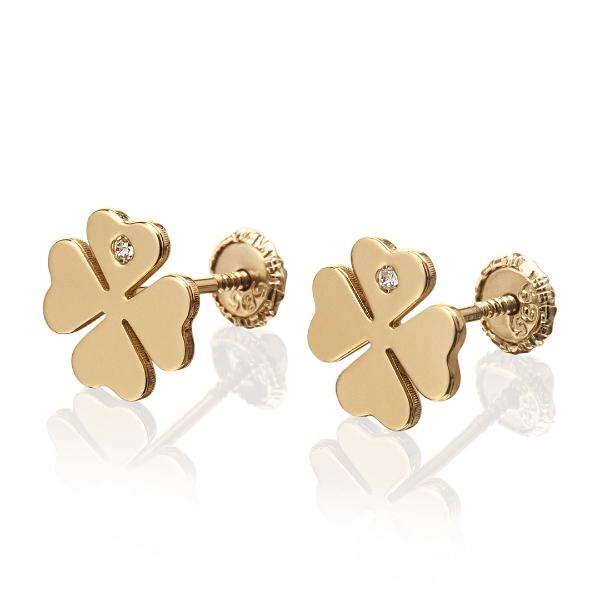 Aretes de oro 14k Mujer Broquel Trébol diamante con oro amarillo y zirconia | GIALLO