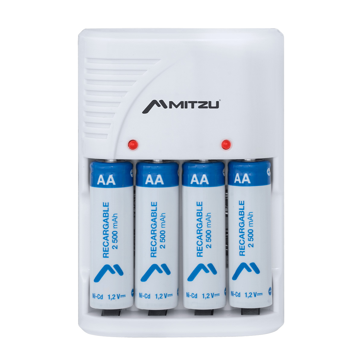 Cargador de pilas AA, AAA y 9V de clavija, incluye 4 pilas Mitzu MC-700.