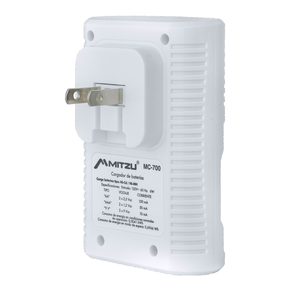 Cargador de pilas AA, AAA y 9V de clavija, incluye 4 pilas Mitzu MC-700.