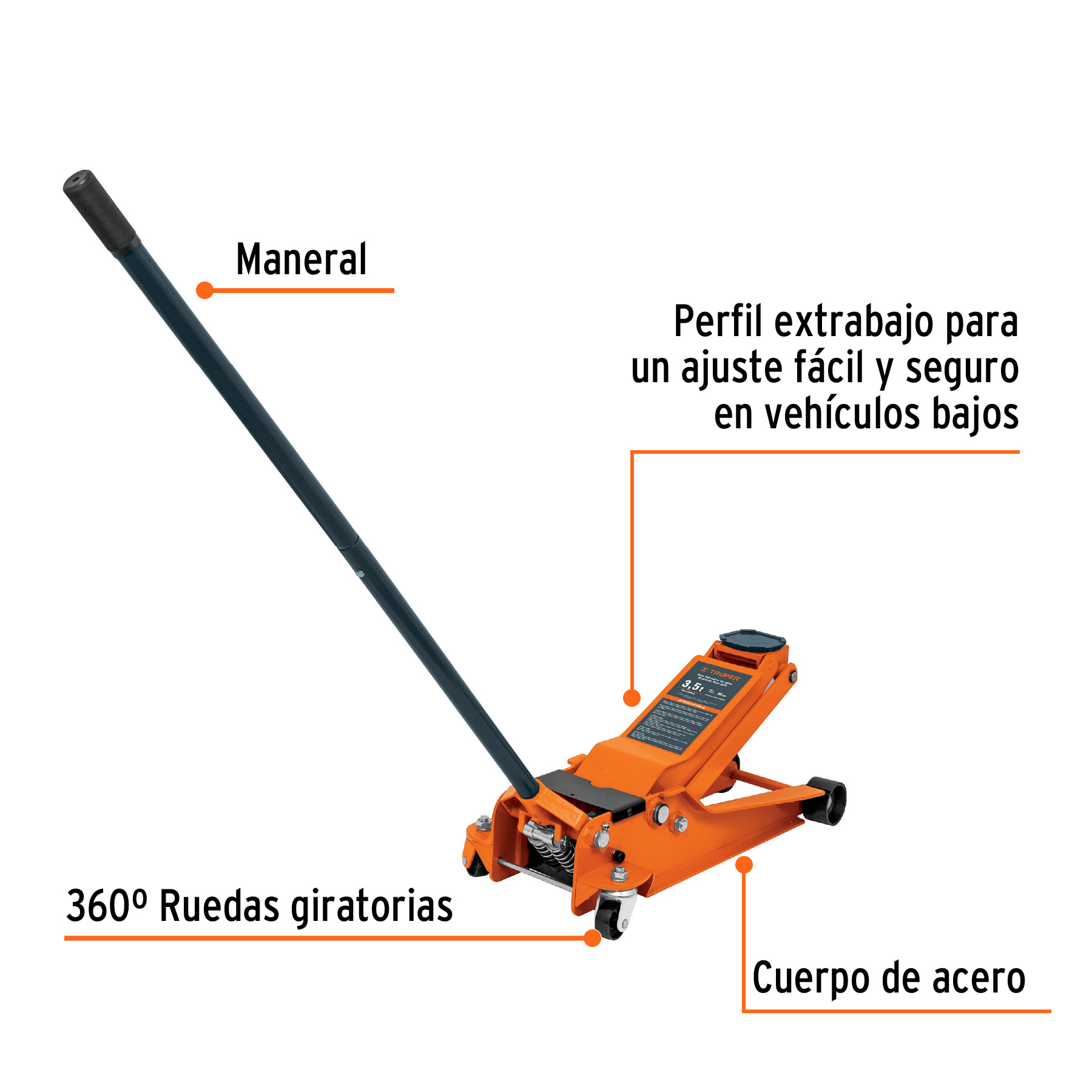 Gato hidráulico Truper profesional de patín 3.5t elevación rápida GAPRO3.5PB naranja