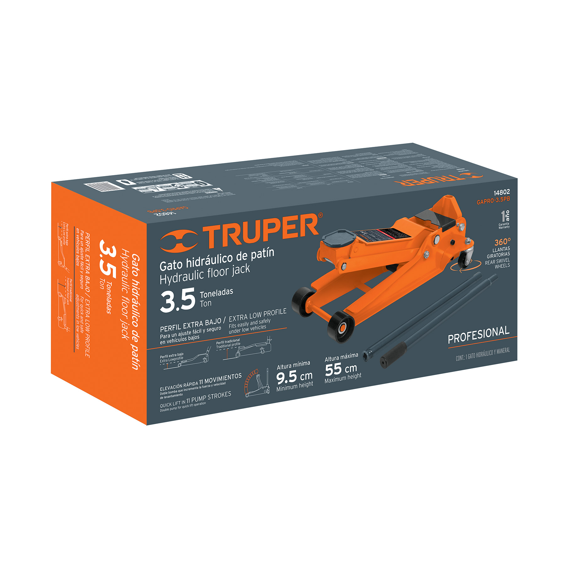 Gato hidráulico Truper profesional de patín 3.5t elevación rápida GAPRO3.5PB naranja