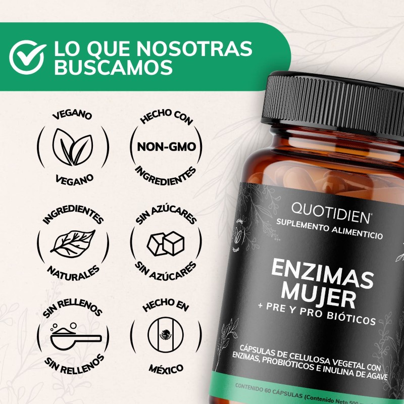 Suplemento Alimenticio Quotidien Enzimas Digestivas + Probióticos + Prebióticos (fibras) Fibras 60 cápsulas.
