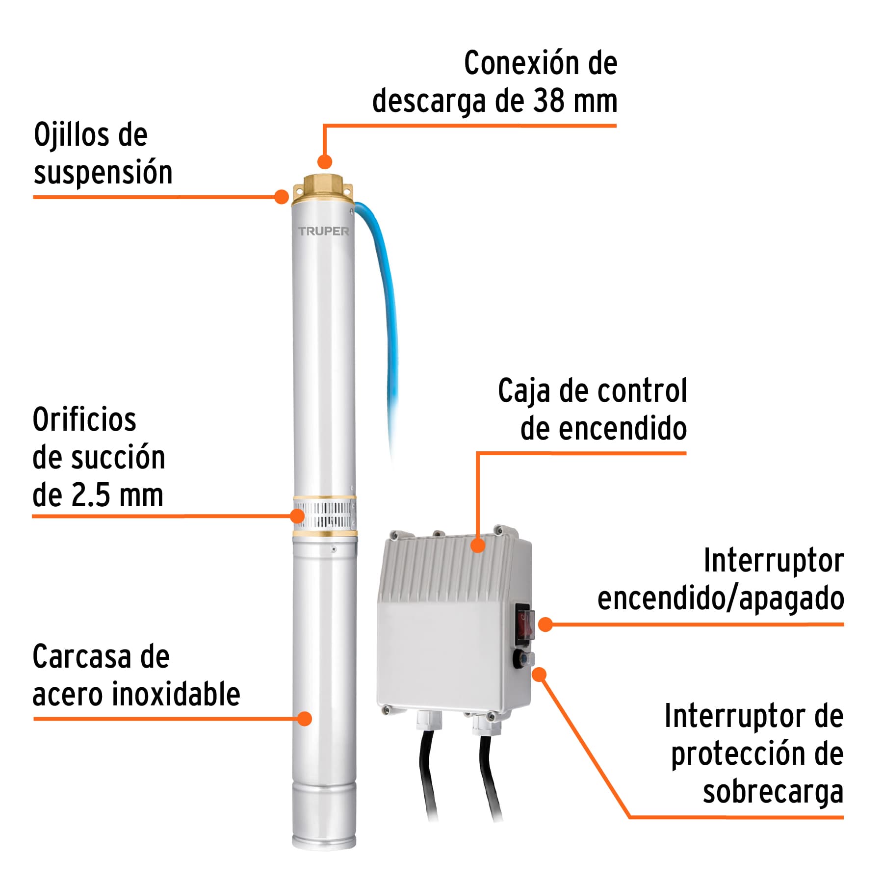 Bomba sumergible Truper tipo bala 2 HP agua limpia BOS2LM