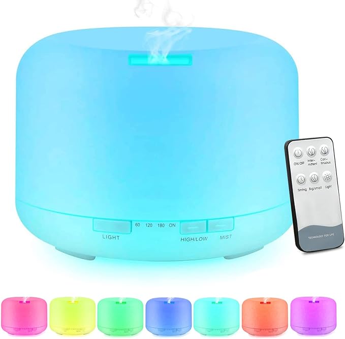 Salandens Difusor De Aceites Esenciales 500ML,Humidificador de Aire,Difusor De Aromas,7 Colores,2 Niveles De Niebla,con Control Remoto.