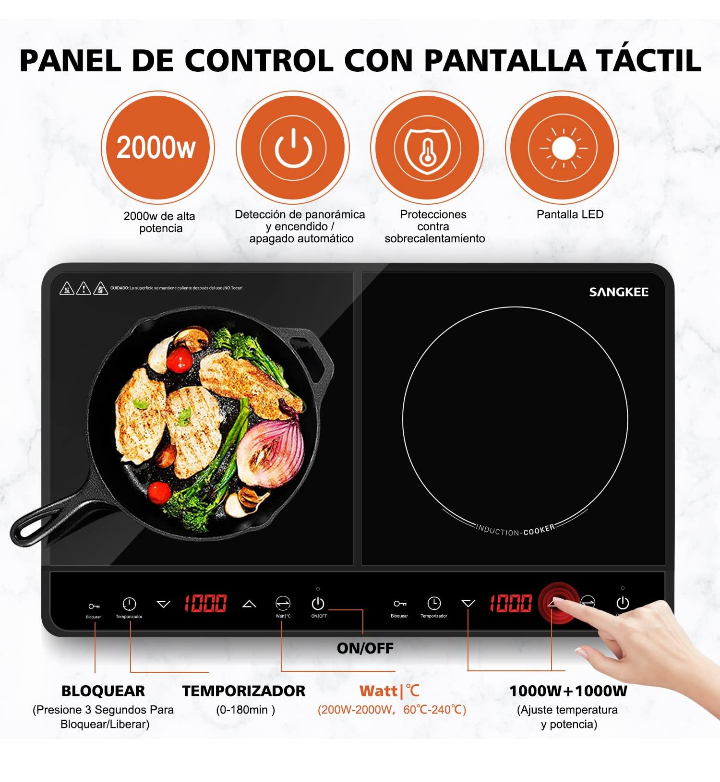 Parrilla de inducción electrica magnética doble 10 niveles de temperatura 9 niveles de potencia 