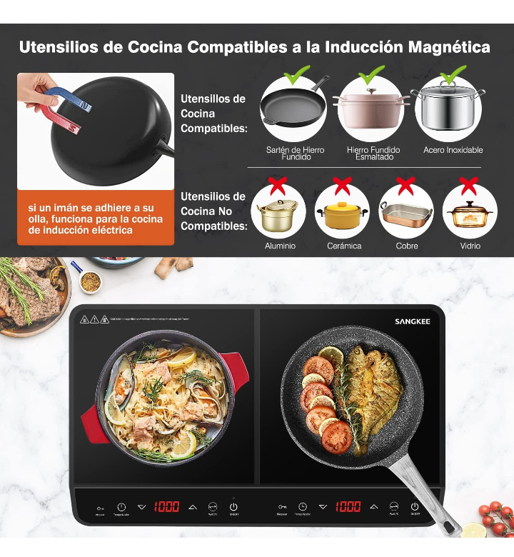 Parrilla de inducción electrica magnética doble 10 niveles de temperatura 9 niveles de potencia 
