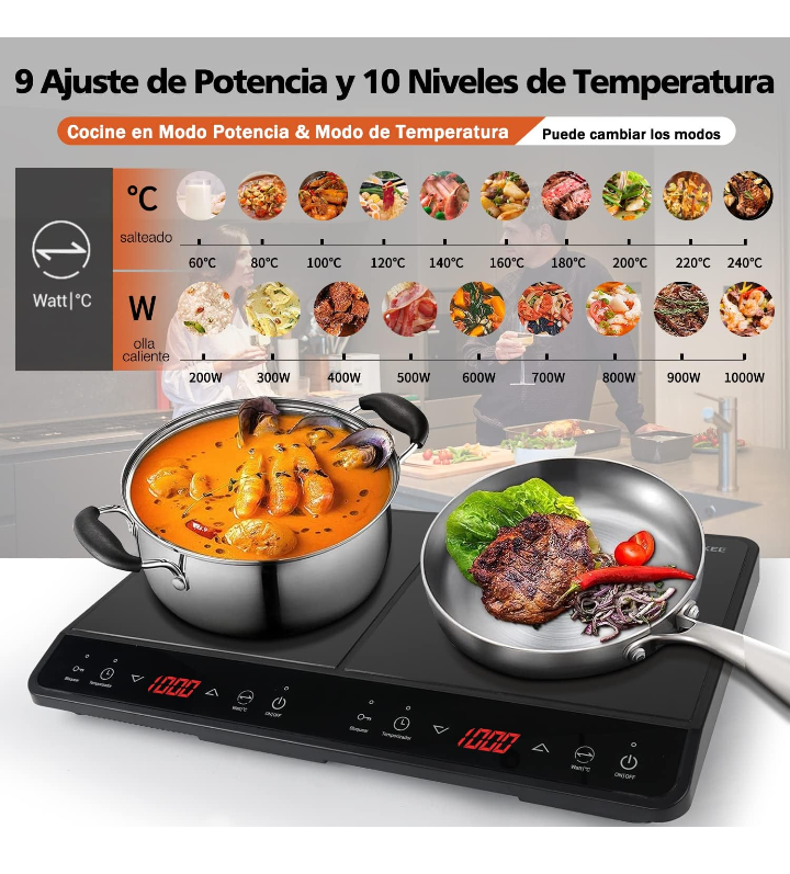 Parrilla de inducción electrica magnética doble 10 niveles de temperatura 9 niveles de potencia 