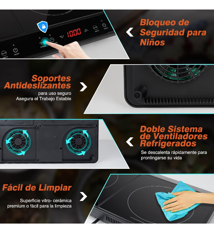 Parrilla de inducción electrica magnética doble 10 niveles de temperatura 9 niveles de potencia 