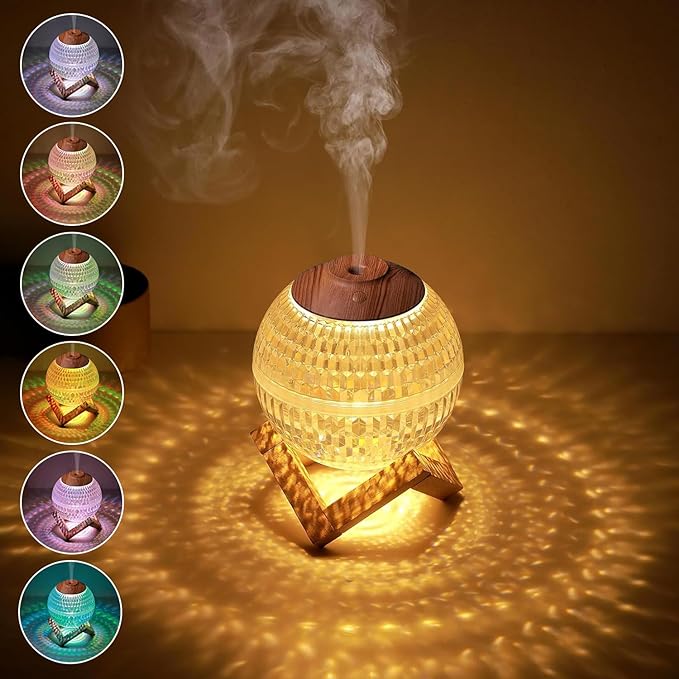 INGEQUIS Humidificador de Aire Forma Esfera con 2 Modos de Humidificación Silenciosa, Difusor con Capacidad de 350ml, Lámpara Nocturna con Luz Cálida y 7 Colores Intercambiables, Conexión USB (Esfera).