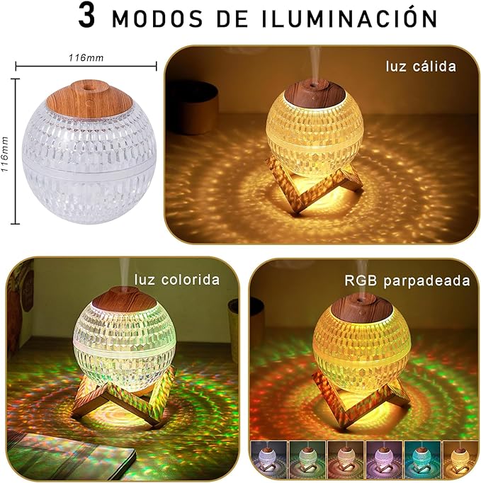 INGEQUIS Humidificador de Aire Forma Esfera con 2 Modos de Humidificación Silenciosa, Difusor con Capacidad de 350ml, Lámpara Nocturna con Luz Cálida y 7 Colores Intercambiables, Conexión USB (Esfera).