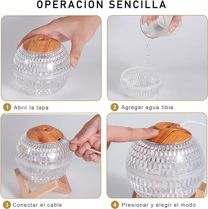 INGEQUIS Humidificador de Aire Forma Esfera con 2 Modos de Humidificación Silenciosa, Difusor con Capacidad de 350ml, Lámpara Nocturna con Luz Cálida y 7 Colores Intercambiables, Conexión USB (Esfera).