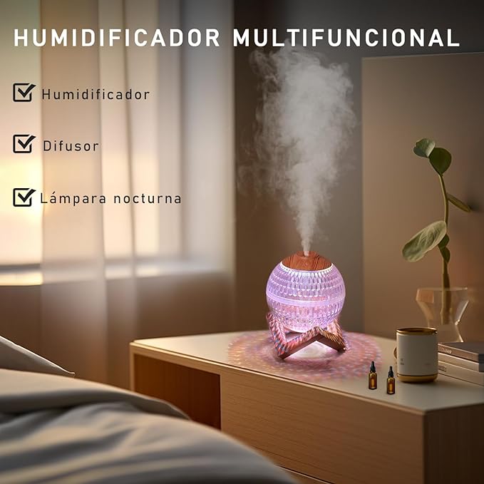 INGEQUIS Humidificador de Aire Forma Esfera con 2 Modos de Humidificación Silenciosa, Difusor con Capacidad de 350ml, Lámpara Nocturna con Luz Cálida y 7 Colores Intercambiables, Conexión USB (Esfera).