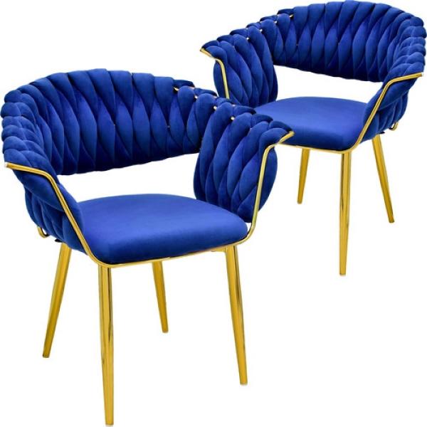 Set 2 Sillas Comedor Tapizadas Terciopelo Tejidas Elegantes Azul