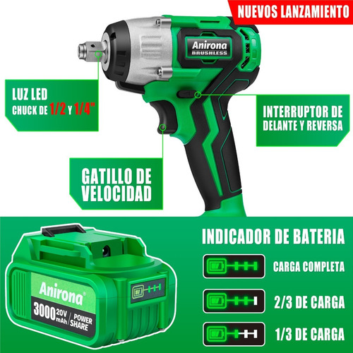 Llave De Impacto Inalámbrico Kit Anirona 3.0ah Con 2batería