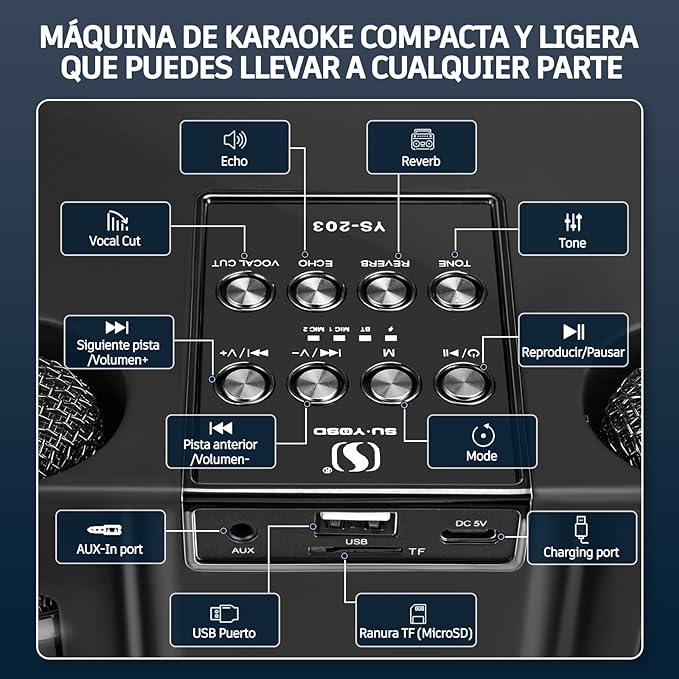 A Karaoke, bocina karaoke Bluetooth portátil, con Sistema PA Sonido HD Compatible Eco y Corte Vocal, USB SD/TF AUX, para Fiestas reuniones Bodas hogar y Exteriores.