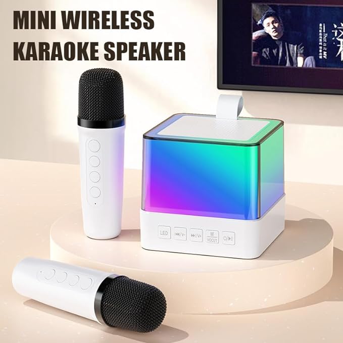 A  Máquina de Karaoke Profesional con 2 micrófonos inalámbricos Bluetooth 5.3, Altavoz Bluetooth Efectos Cambiador de Voz y Luces LED, Soporte Tarjeta TF, USB para Infantil, Adultos.