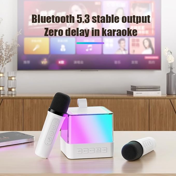 A  Máquina de Karaoke Profesional con 2 micrófonos inalámbricos Bluetooth 5.3, Altavoz Bluetooth Efectos Cambiador de Voz y Luces LED, Soporte Tarjeta TF, USB para Infantil, Adultos.
