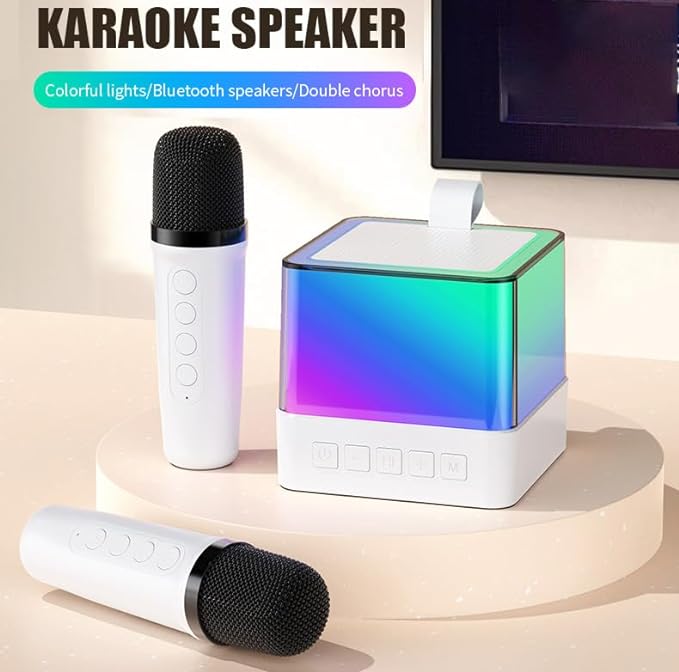 A  Máquina de Karaoke Profesional con 2 micrófonos inalámbricos Bluetooth 5.3, Altavoz Bluetooth Efectos Cambiador de Voz y Luces LED, Soporte Tarjeta TF, USB para Infantil, Adultos.