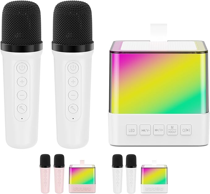 A  Máquina de Karaoke Profesional con 2 micrófonos inalámbricos Bluetooth 5.3, Altavoz Bluetooth Efectos Cambiador de Voz y Luces LED, Soporte Tarjeta TF, USB para Infantil, Adultos.