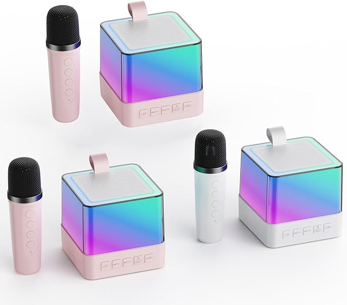 A  Máquina de Karaoke Profesional con 2 micrófonos inalámbricos Bluetooth 5.3, Altavoz Bluetooth Efectos Cambiador de Voz y Luces LED, Soporte Tarjeta TF, USB para Infantil, Adultos.