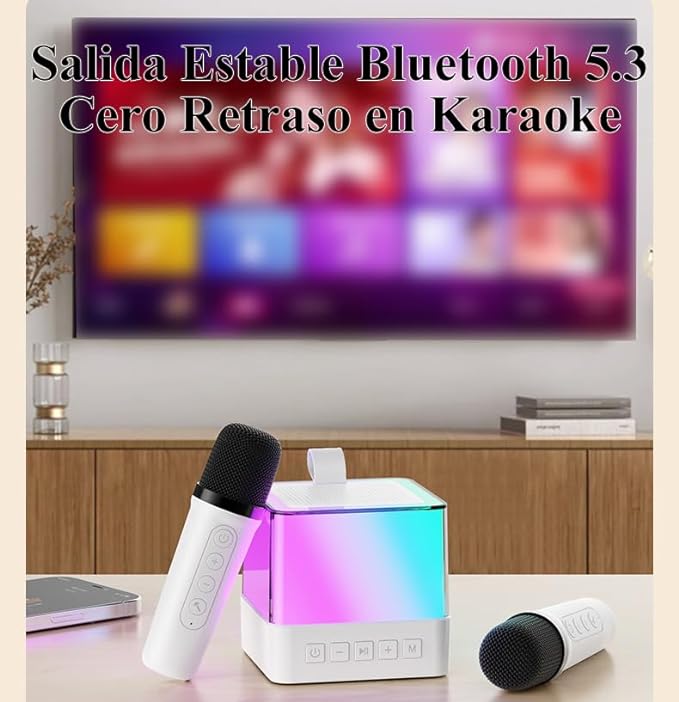 A  Máquina de Karaoke Profesional con 2 micrófonos inalámbricos Bluetooth 5.3, Altavoz Bluetooth Efectos Cambiador de Voz y Luces LED, Soporte Tarjeta TF, USB para Infantil, Adultos.