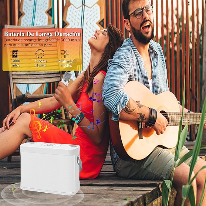 A Karaoke Machine with 2 Wireless Microphones, Portable Bluetooth 5.0 Wireless Karaoke Speaker, 7 Voice Switching Functions, Altavoz inalámbrico Bluetooth Micrófono Sonido Todo en Uno Blanco.