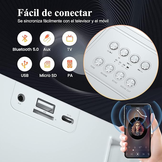 A Karaoke Machine with 2 Wireless Microphones, Portable Bluetooth 5.0 Wireless Karaoke Speaker, 7 Voice Switching Functions, Altavoz inalámbrico Bluetooth Micrófono Sonido Todo en Uno Blanco.