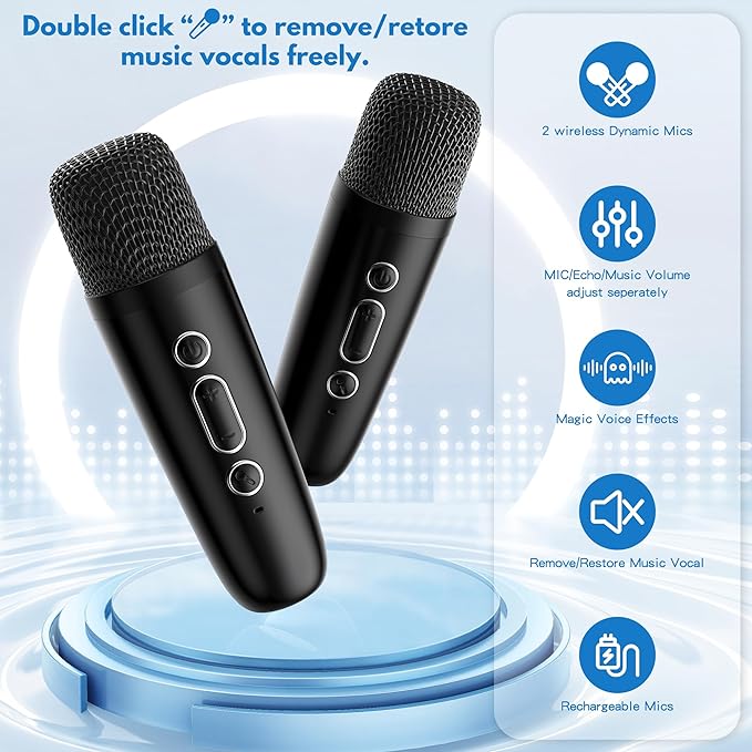 A JYX Mini Máquina de Karaoke, Portable Bluetooth Karaoke Speaker Unpowered Cabinets with 2 Wireless Microphones and Party Lights for Kids and Adults, Birthday Gifts for Girls Boys Family Home Party.