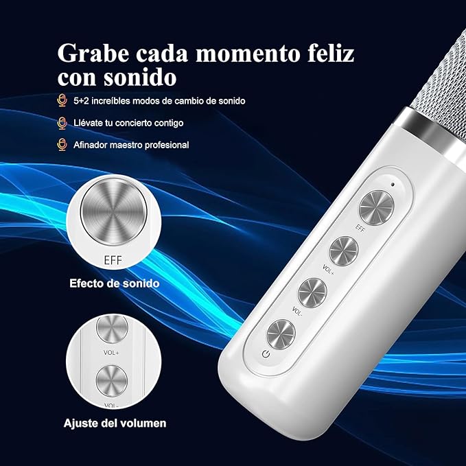 A Karaoke Machine with 2 Wireless Microphones, Portable Bluetooth 5.0 Wireless Karaoke Speaker, 7 Voice Switching Functions, Altavoz inalámbrico Bluetooth Micrófono Sonido Todo en Uno Blanco.